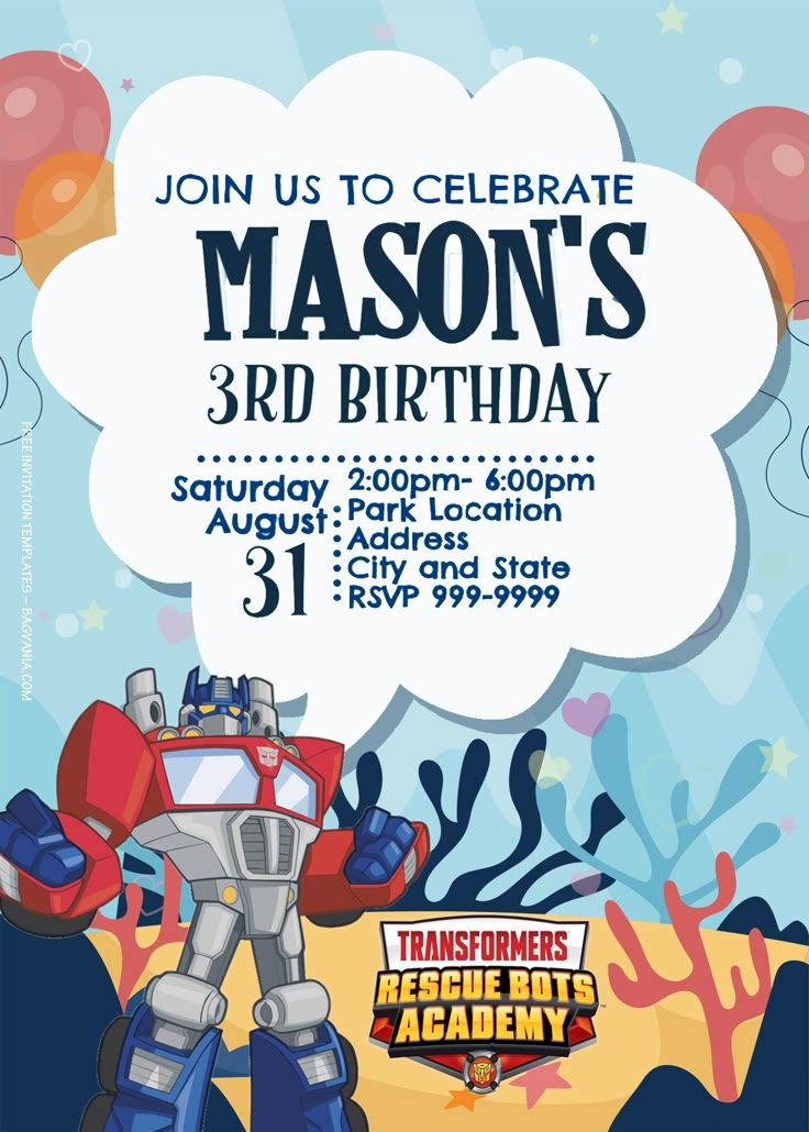 10 Transformer Rescue Bots Academy Roll Out Birthday Invitation Templ