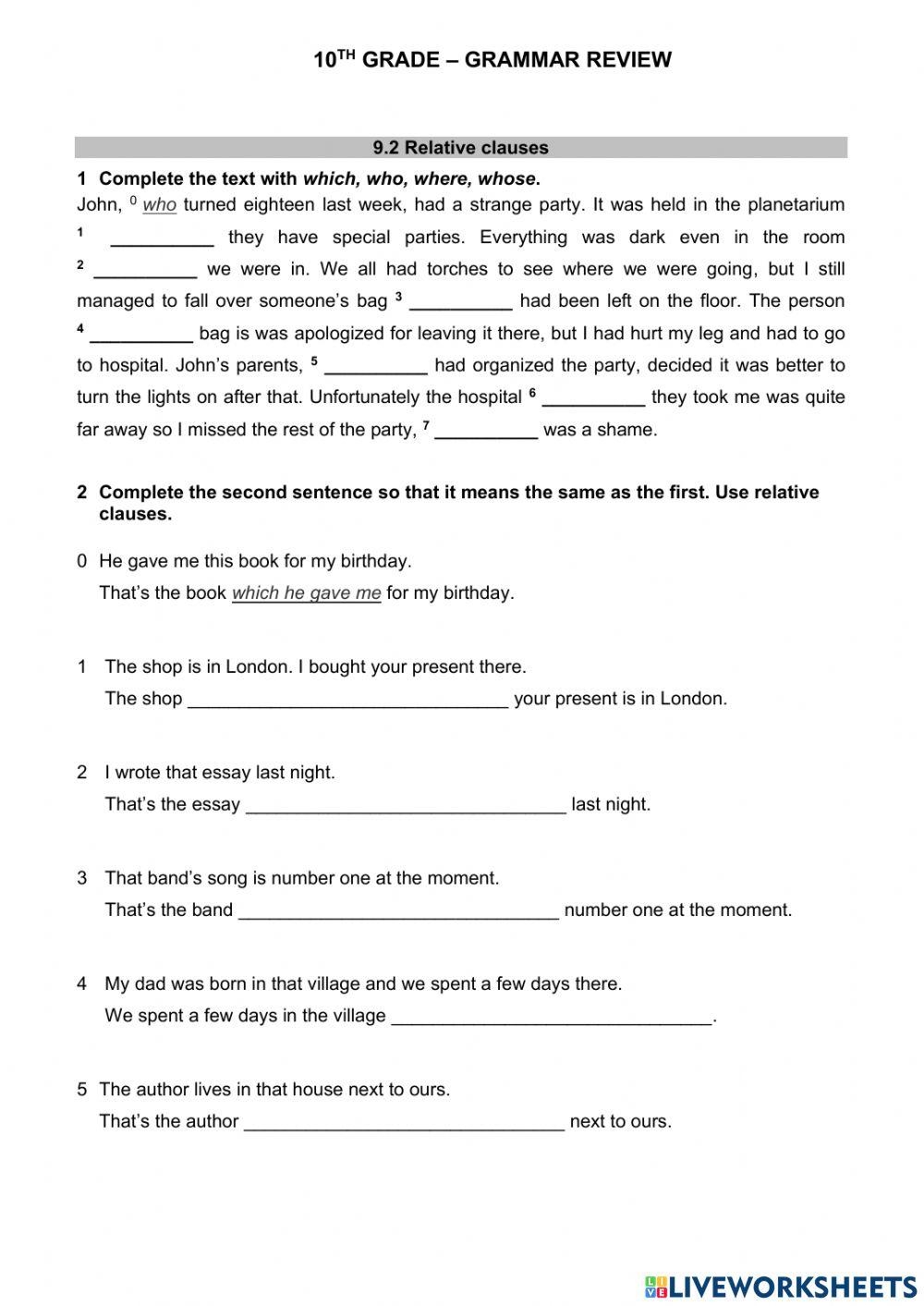 10th grade worksheets