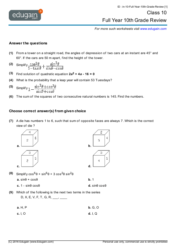 10th Grade Worksheets Math
