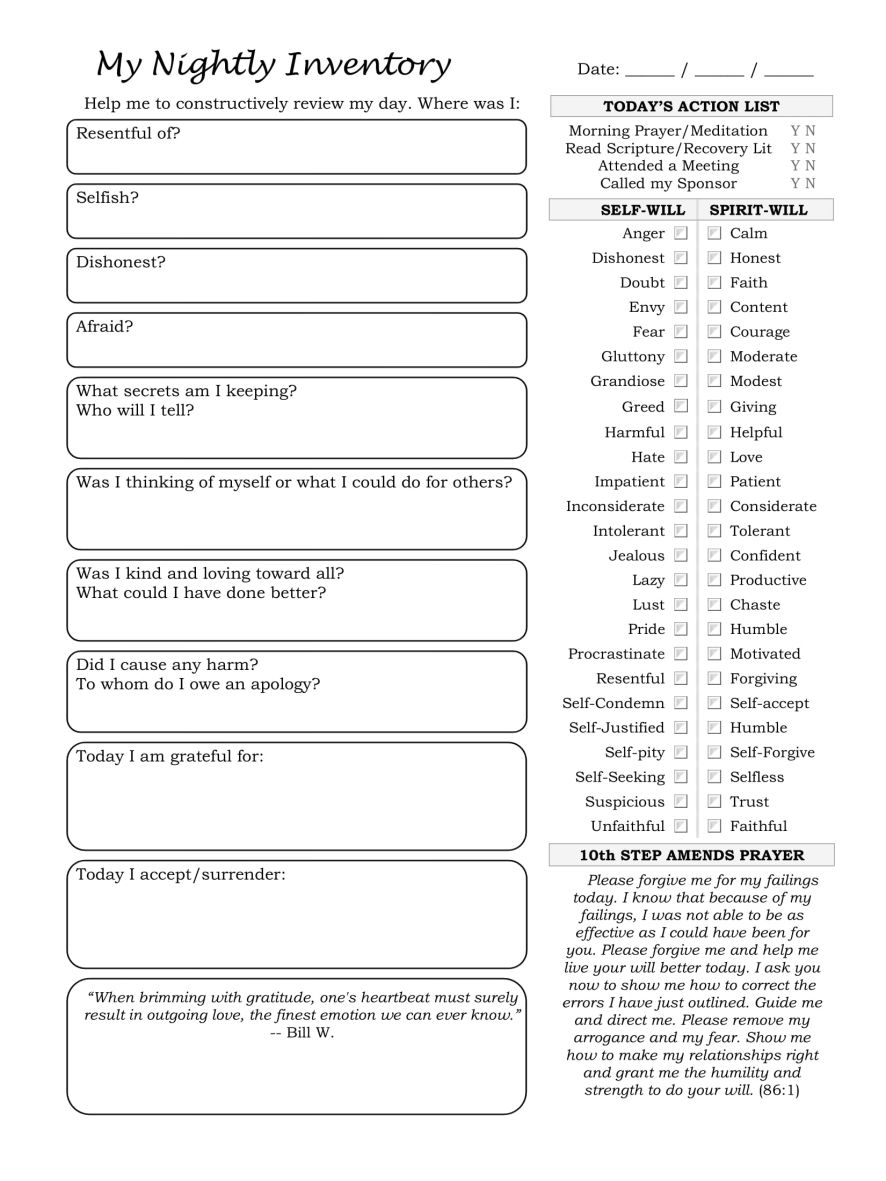 10th step inventory worksheet