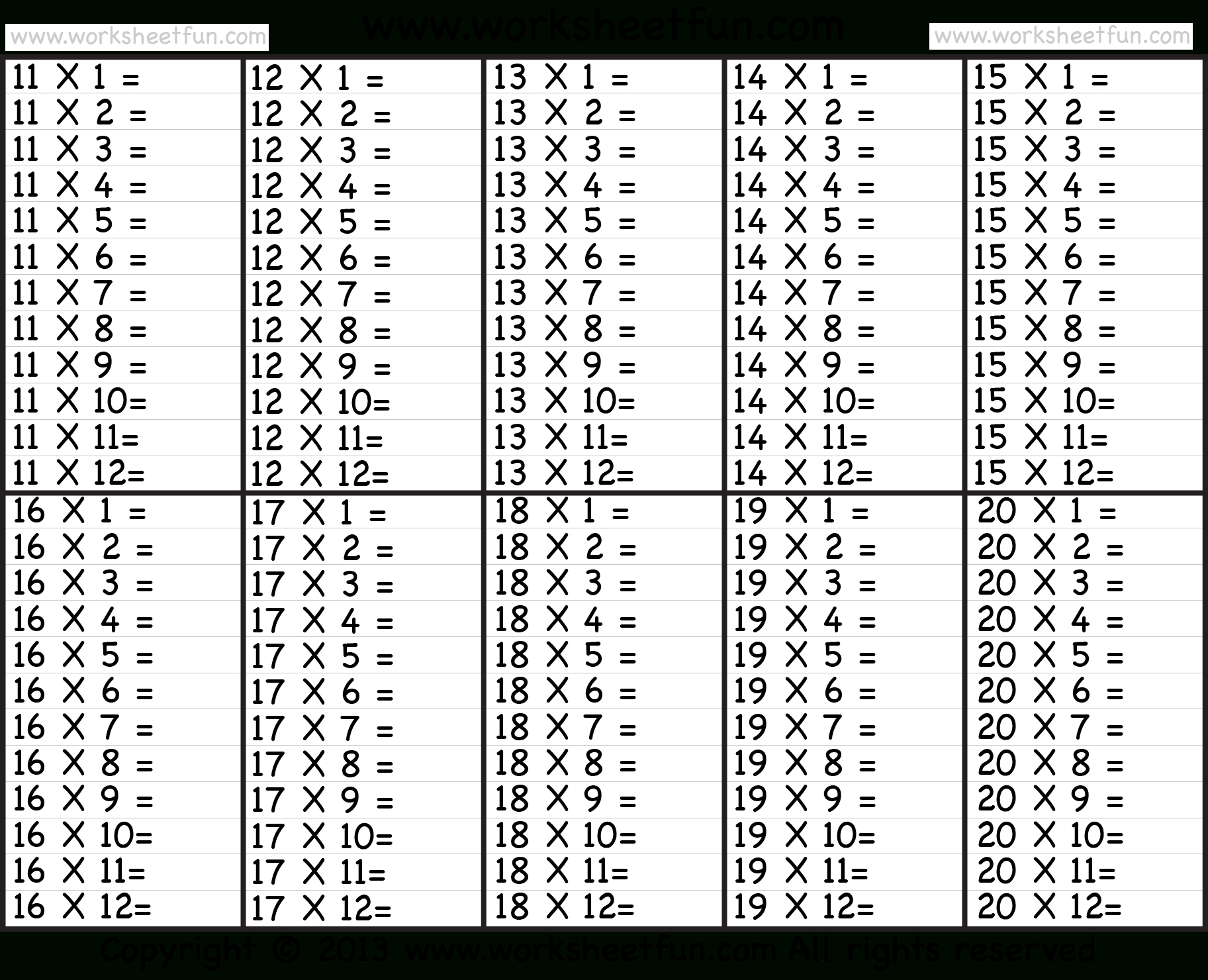 12 Times Tables Worksheets Multiplacation Tables Times Tables