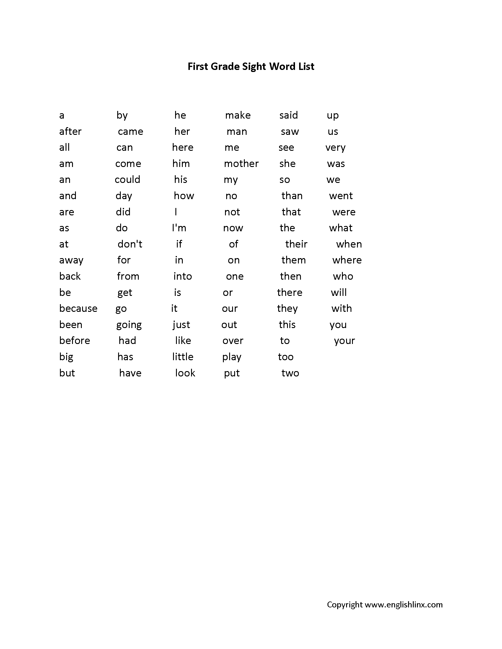 1st Grade Spelling Words Free Printable 36 Week List Worksheets