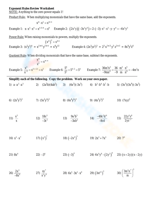 worksheet on exponent rules