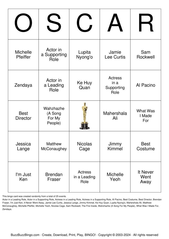 academy award printable cards