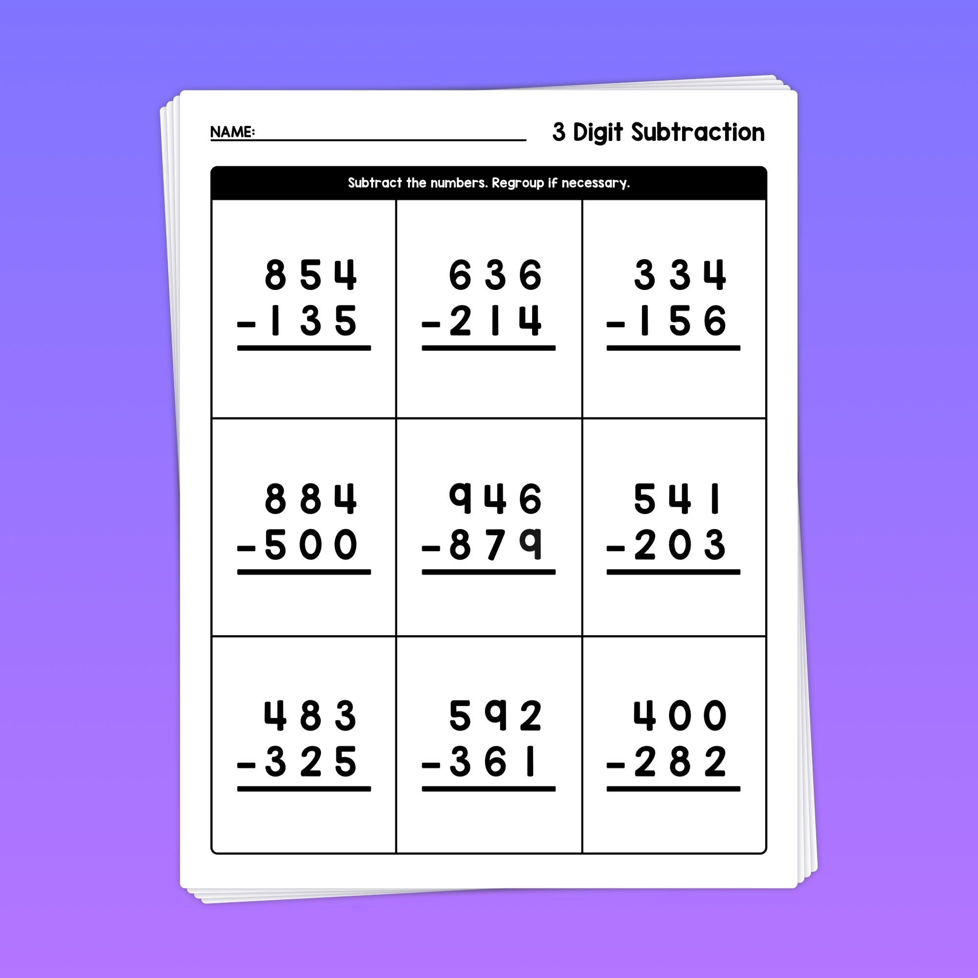 3-digit subtraction with regrouping worksheets pdf