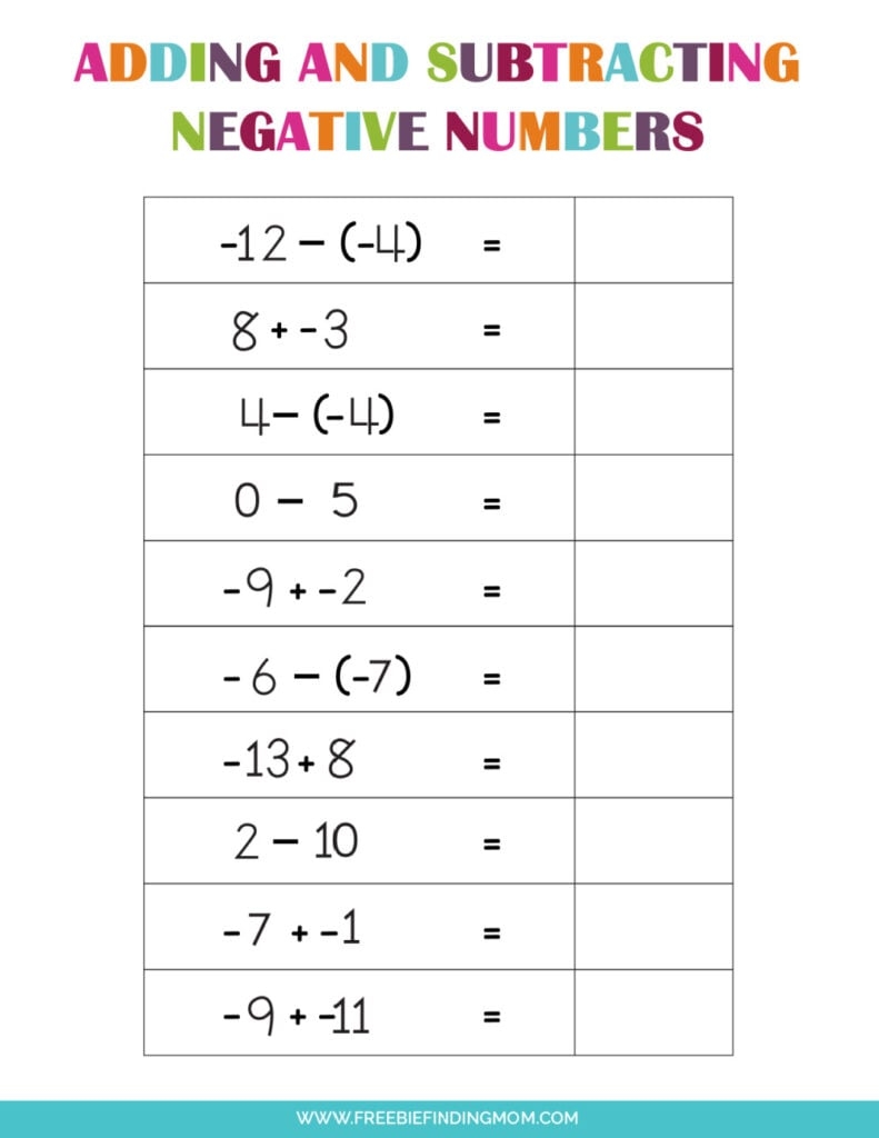 adding subtracting positive negative numbers worksheets