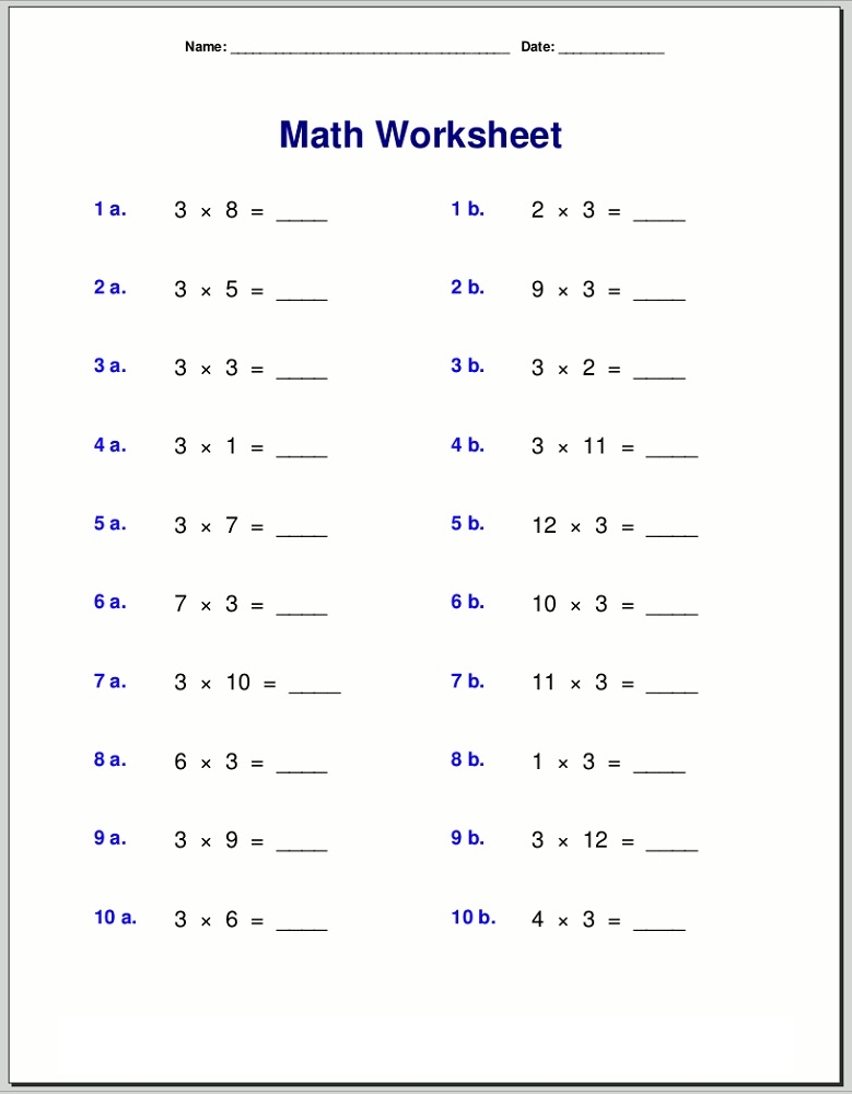 3 Times Table Multiplication Worksheets Time Worksheets