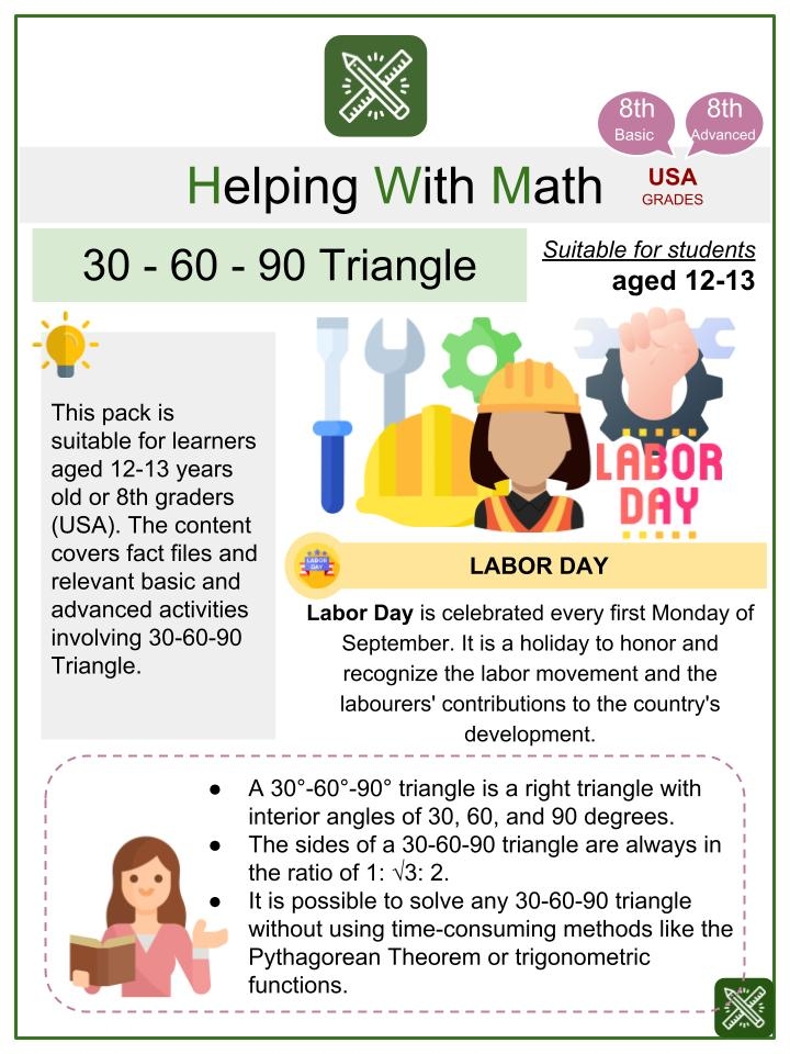 30 60 90 Triangle Labor Day Math Worksheets Age 12 13 Worksheets 