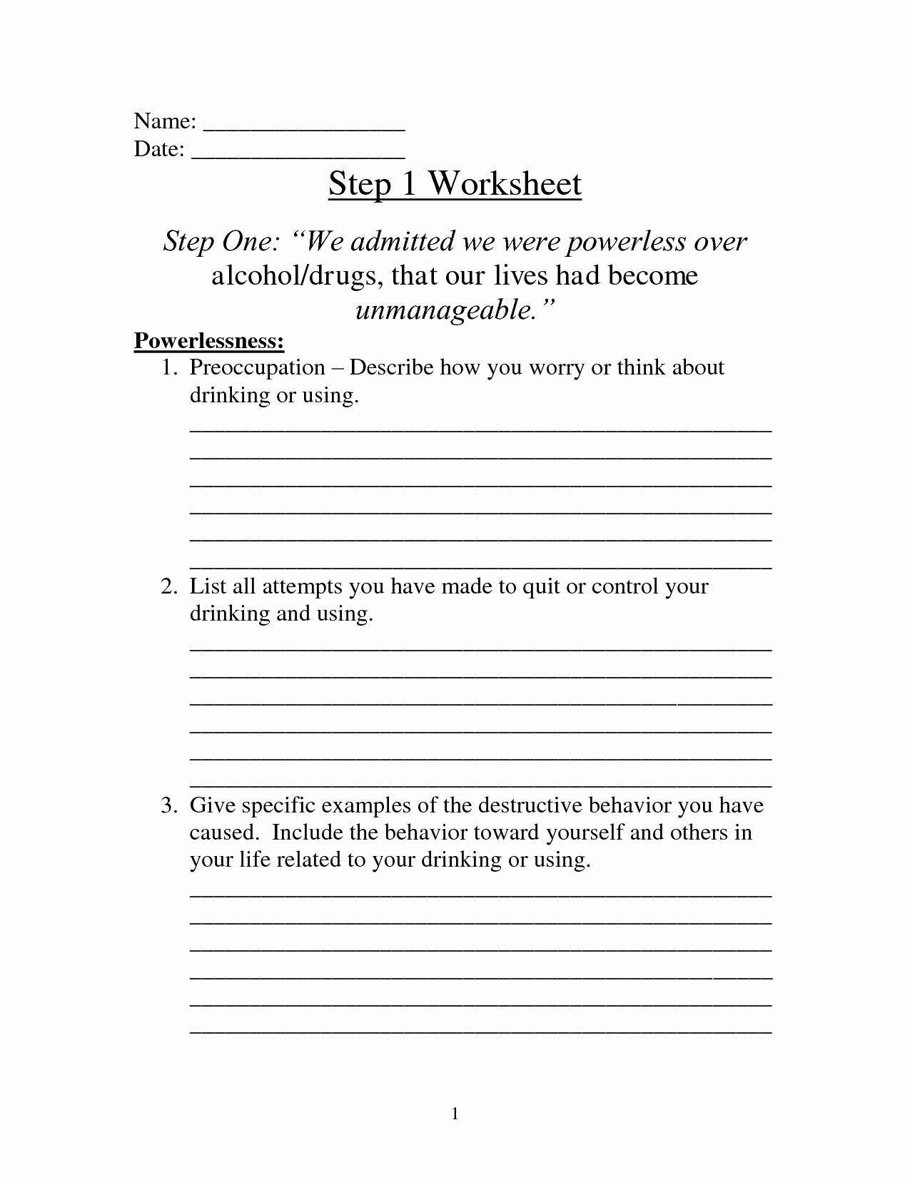 12 step worksheets pdf