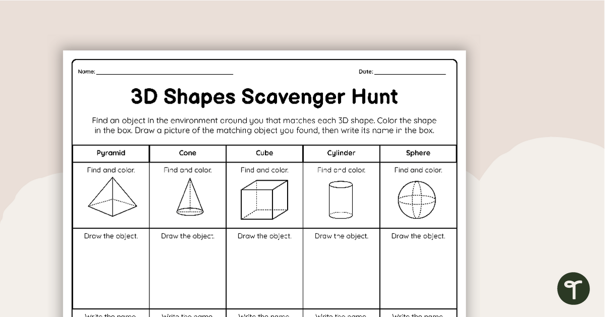 3D Shapes Scavenger Hunt Kindergarten Math Worksheet Teach Starter