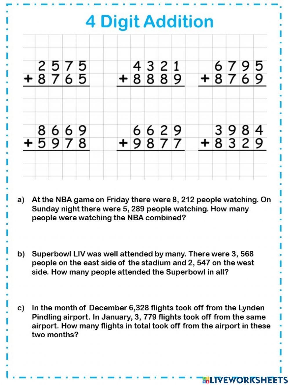4 digit addition worksheets