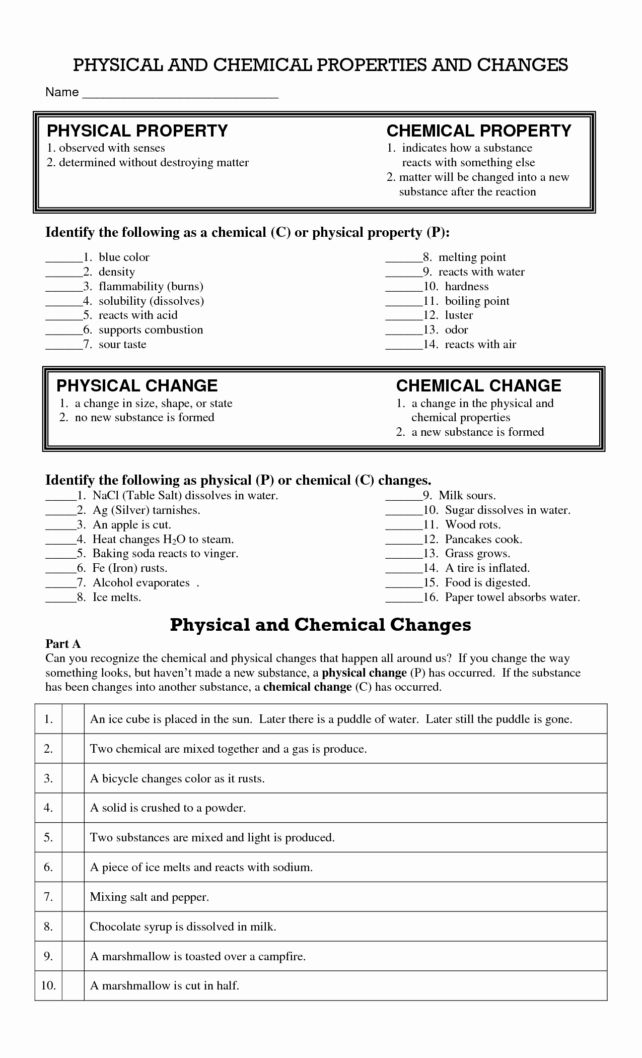 worksheet on chemical vs physical properties and changes