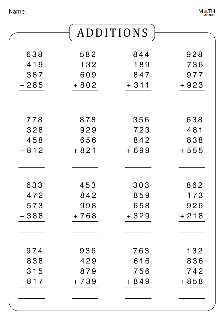 4th grade addition worksheets