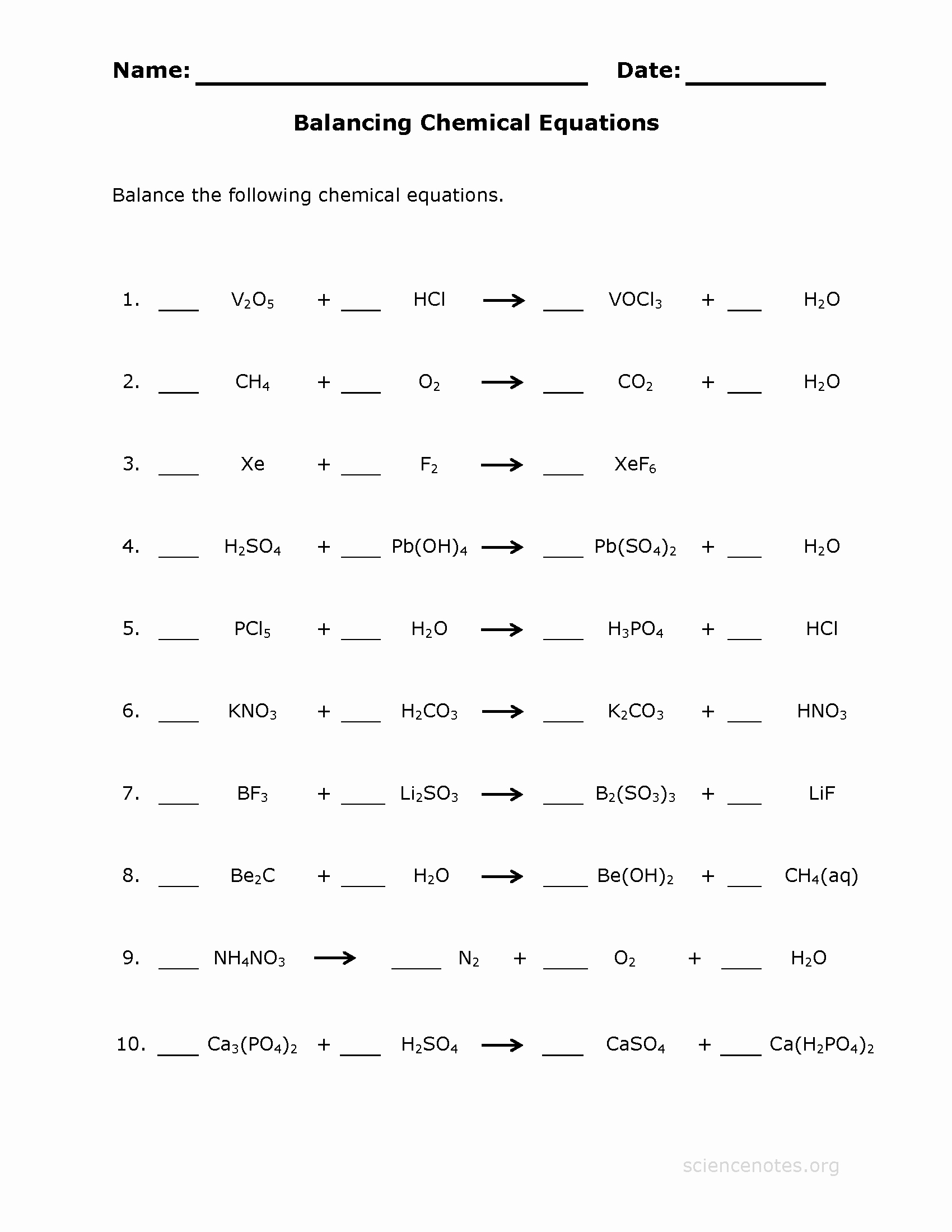 balancing equations worksheet chemistry answers