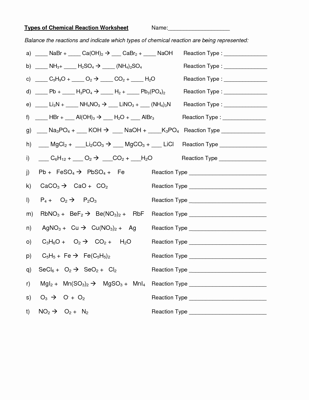 worksheet on chemical reactions