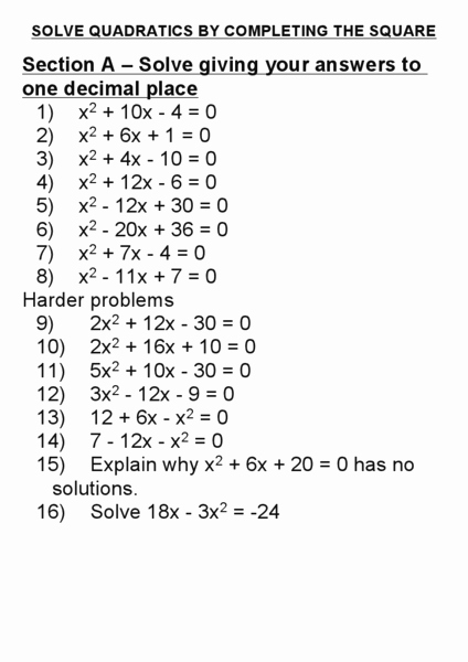solve quadratics by completing the square worksheet