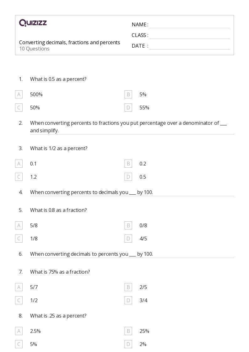 converting percents decimals and fractions worksheet