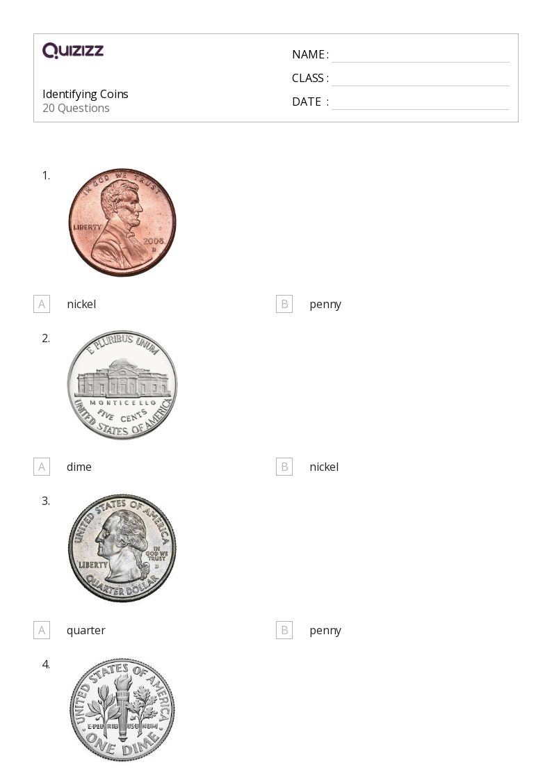 coin identification worksheets