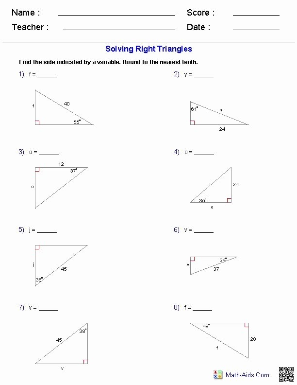 50 Right Triangle Trigonometry Worksheet