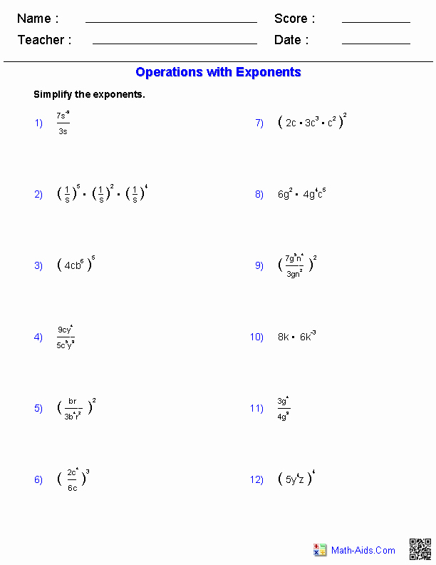 worksheet on exponents pdf