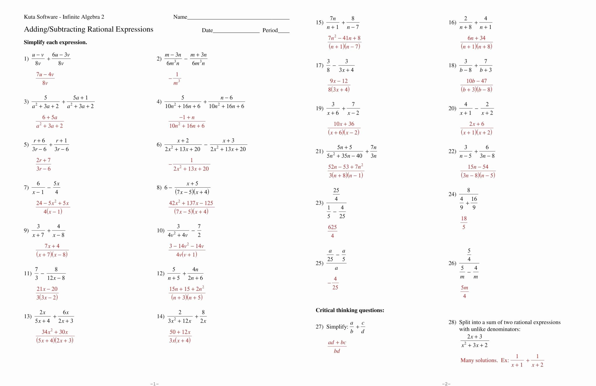 50 Simplifying Rational Expressions Worksheet Answers