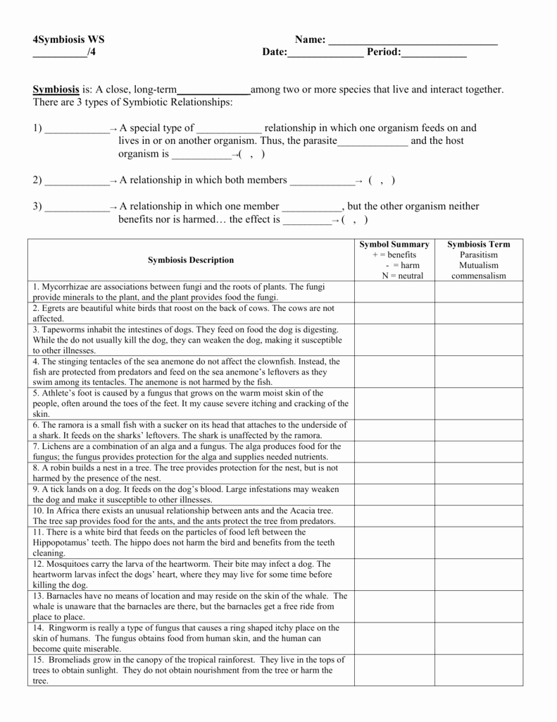 50 Symbiosis Worksheet Answer Key