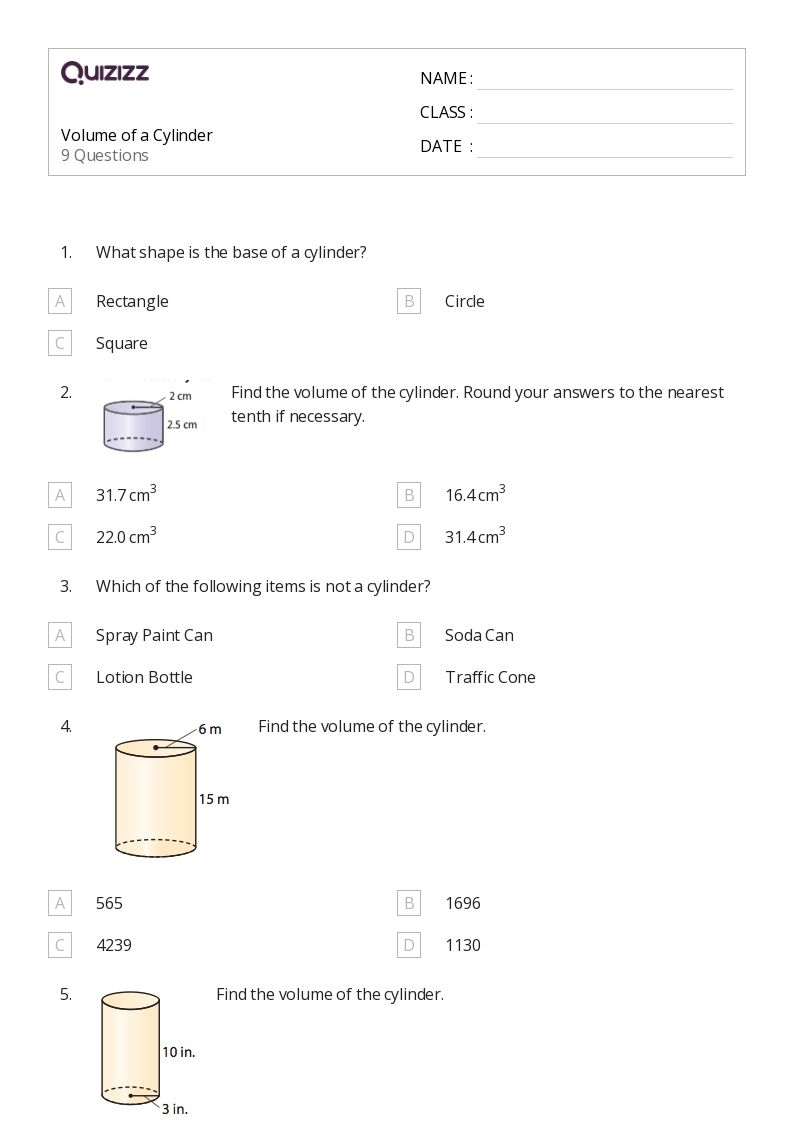 50 Volume Of A Cylinder Worksheets For 6th Grade On Quizizz 