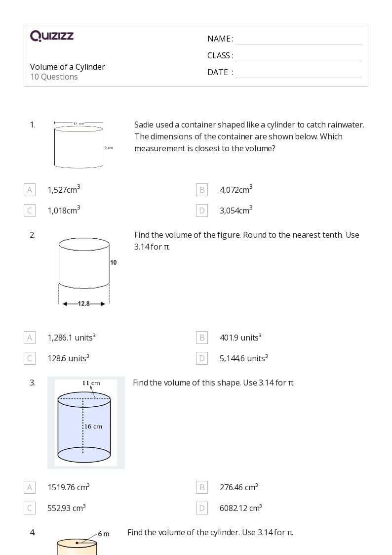 worksheet on volume of a cylinder