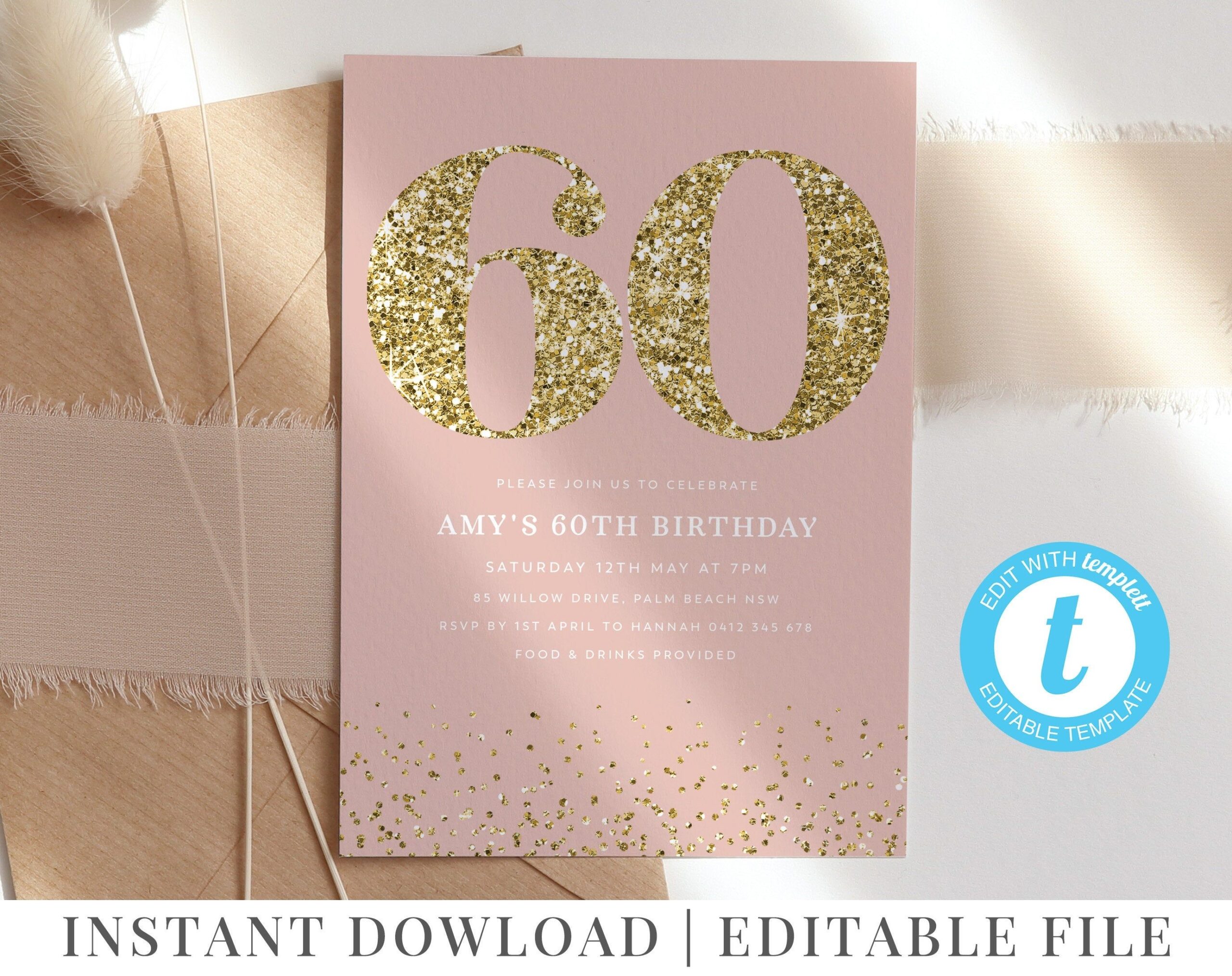 60th Birthday Invitation Pink Gold Invitation Template Gold Etsy