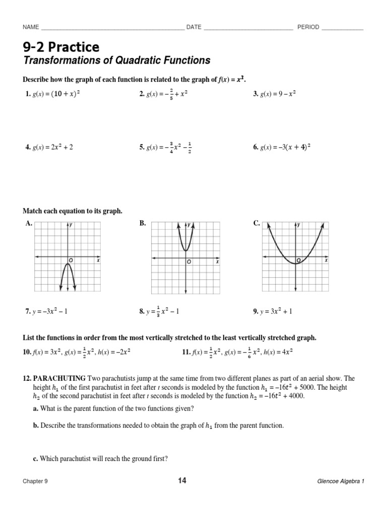 9 2 Practice Transformations Of Quadratic Functions PDF Worksheets 