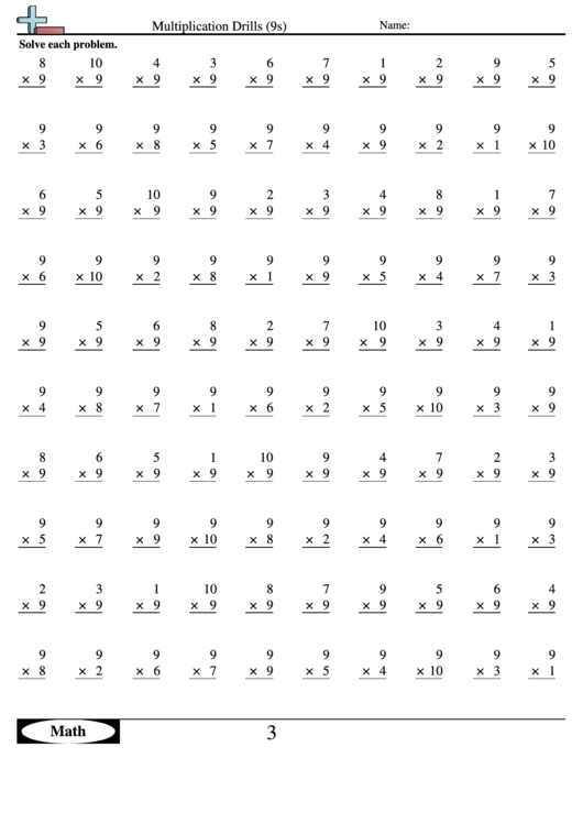 9s multiplication worksheet