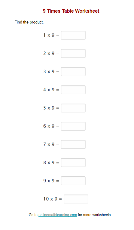 worksheet 9 times table