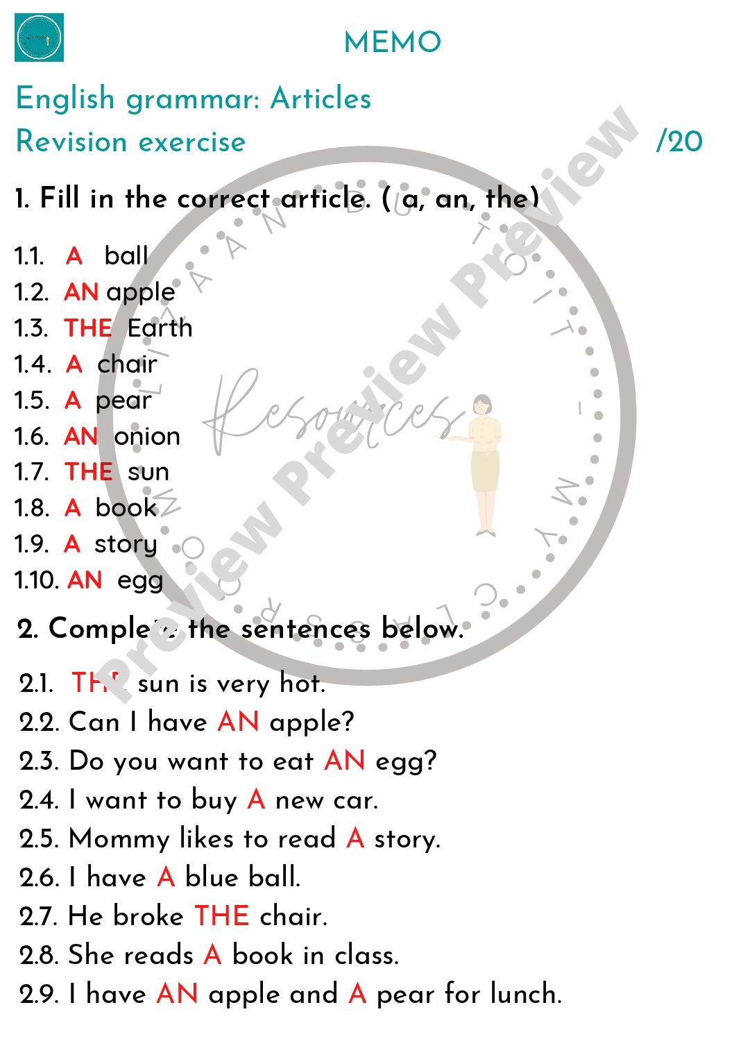 articles grammar worksheet