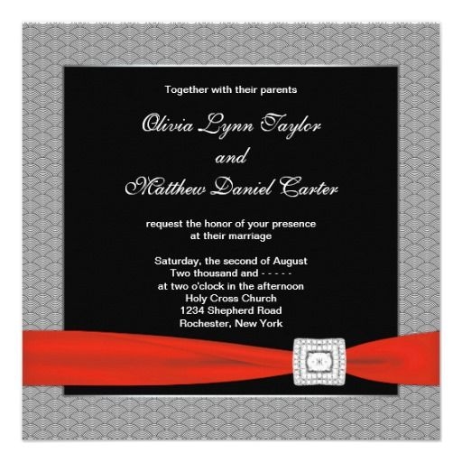 A Black And Gray Wedding Card With Red Ribbon On The Bottom And An 