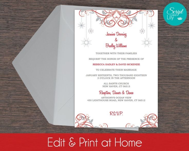A Red And White Wedding Card With Snowflakes