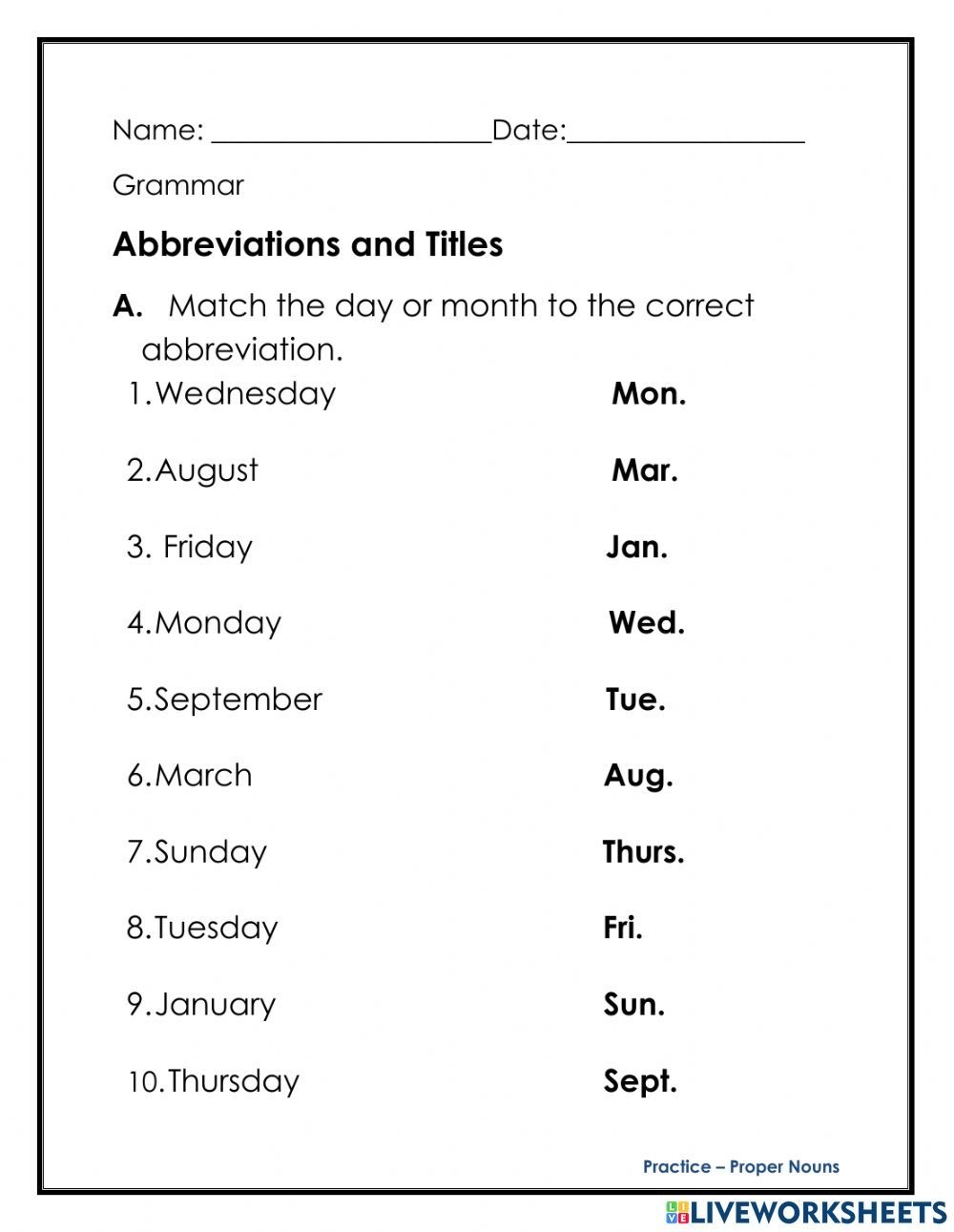 Abbreviations And Titles Worksheet For Nouns