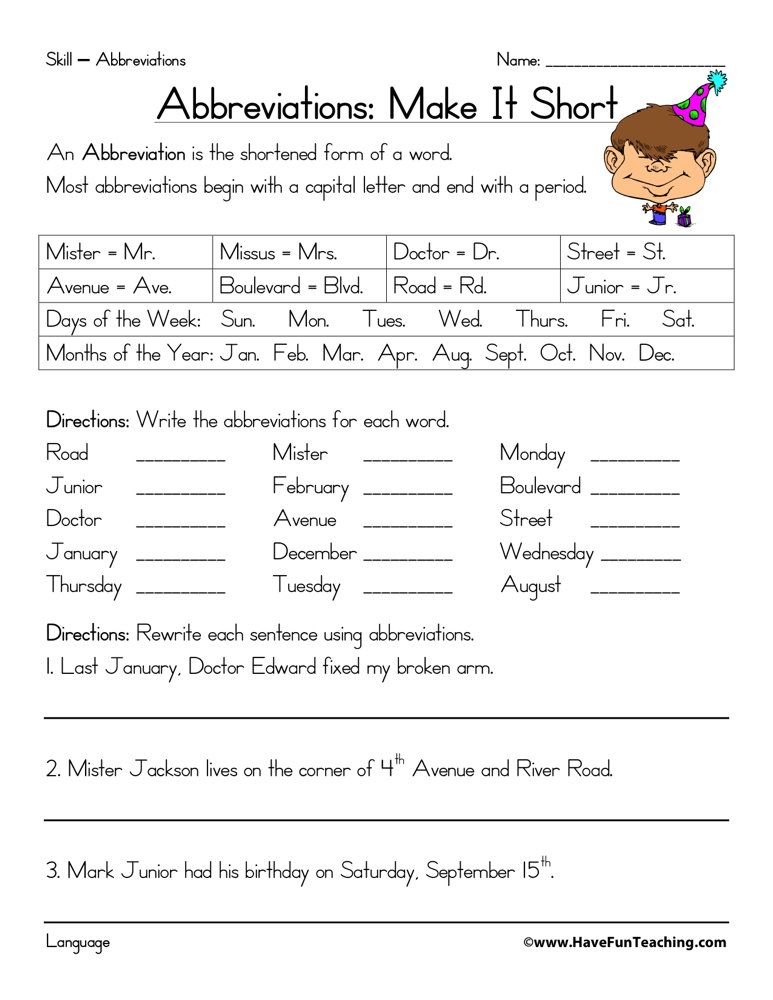 worksheet on abbreviations