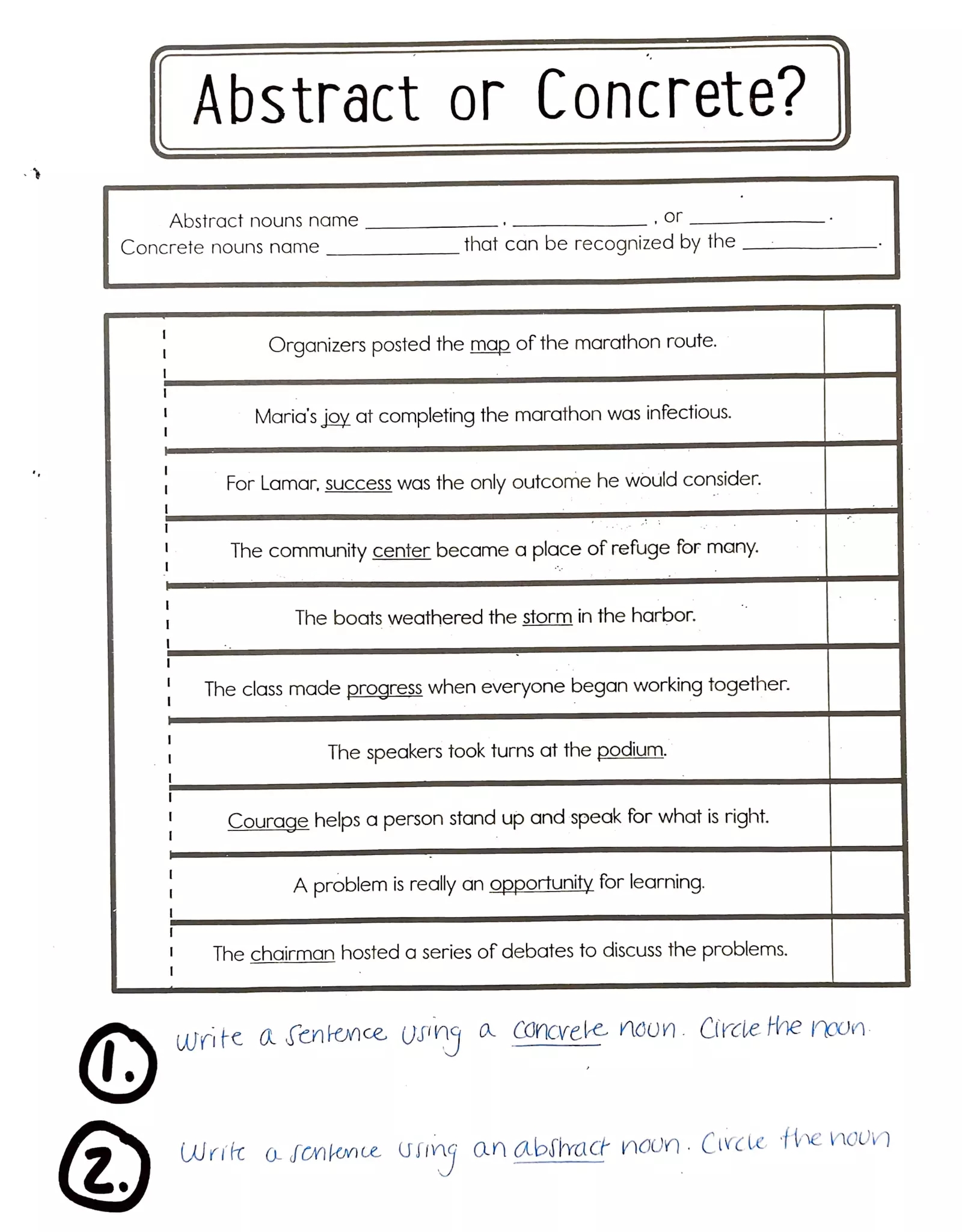 concrete abstract nouns worksheet