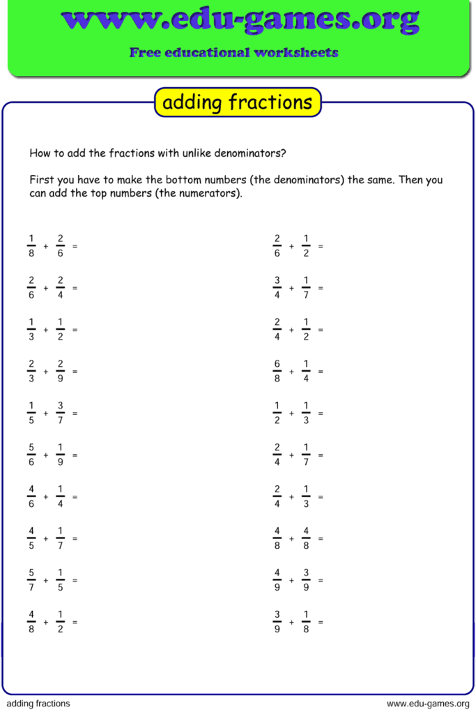adding unlike fractions worksheet with answers