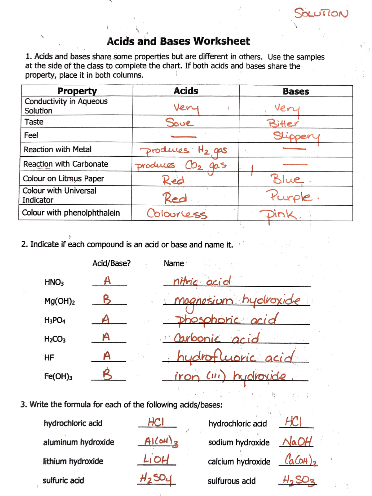 acids and bases chemistry worksheet answers