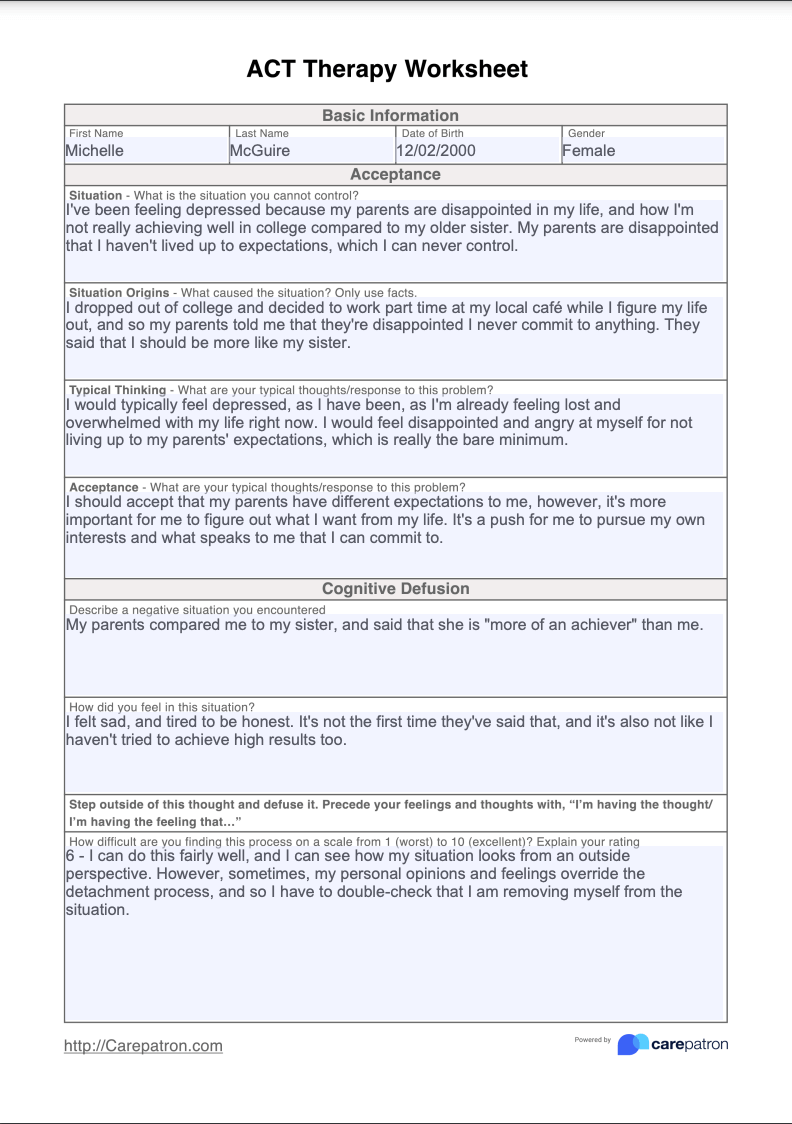 ACT Therapy Worksheet Example Free PDF Download Worksheets Library