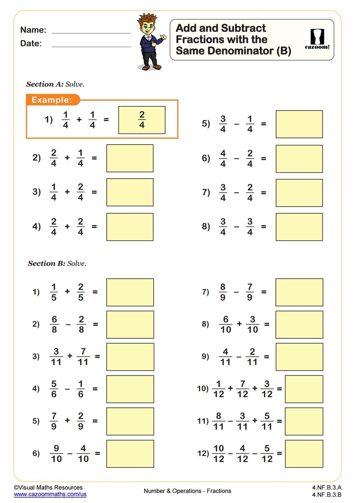 Add And Subtract Fractions B 4th Grade PDF Number And Operations 