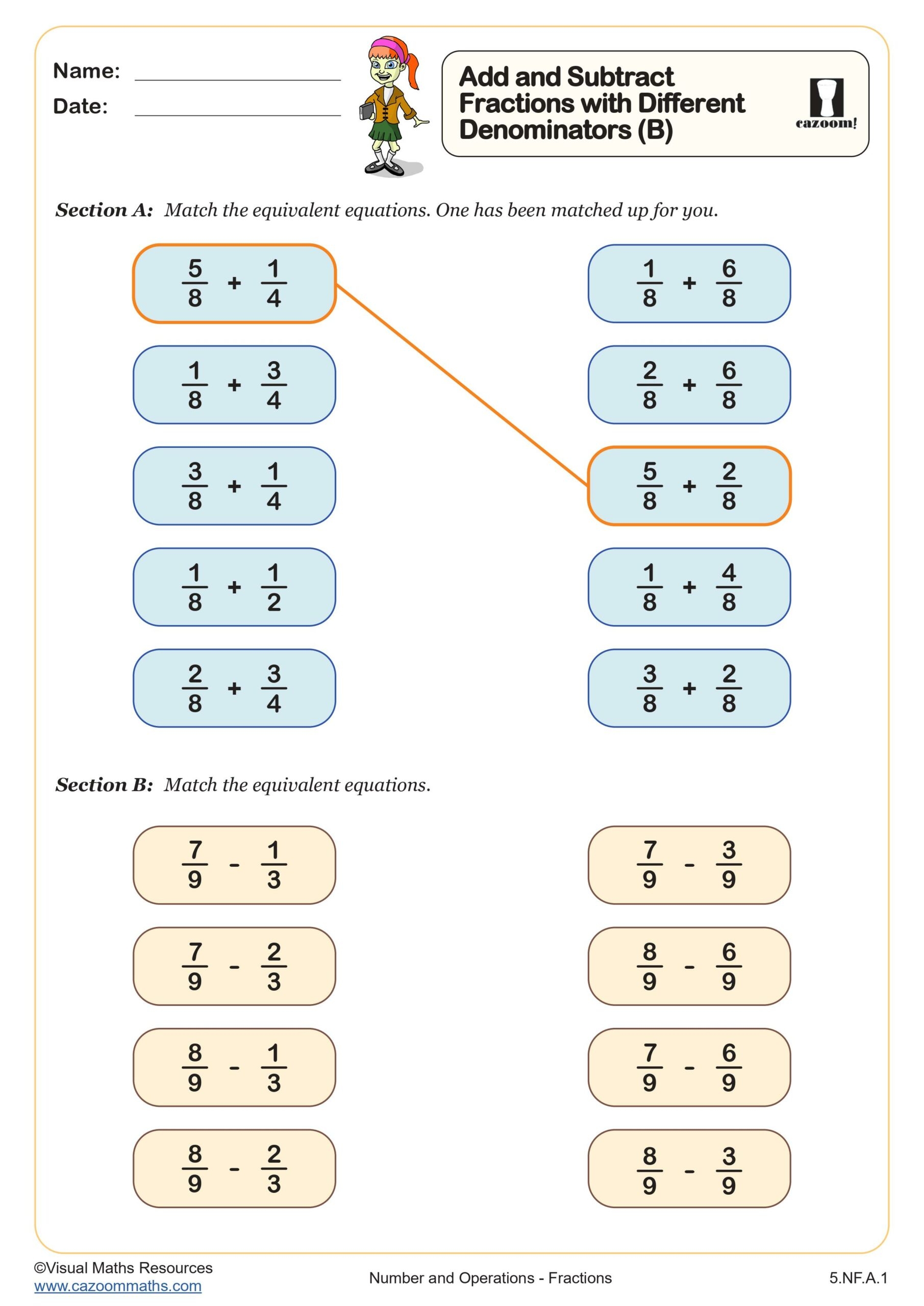 adding subtracting fractions worksheet pdf