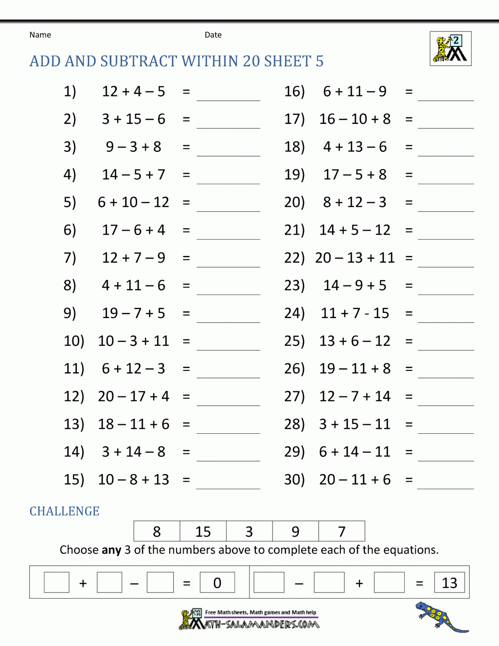 Add And Subtract Within 20 Worksheets Library