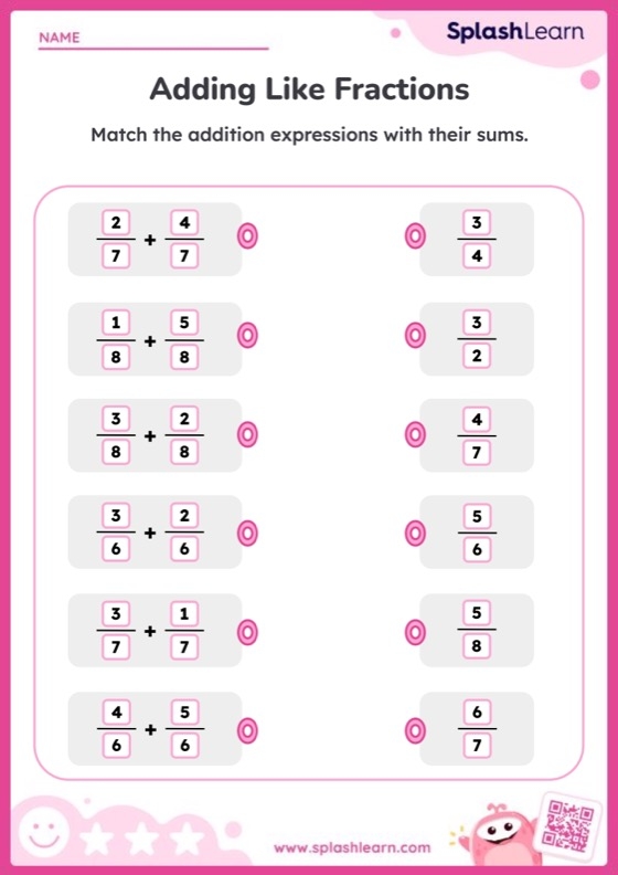 Add Like Fractions And Match The Sum Printable Math Worksheet 