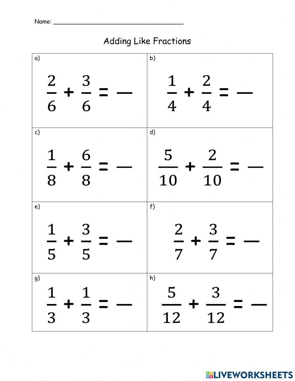 adding like fractions worksheet
