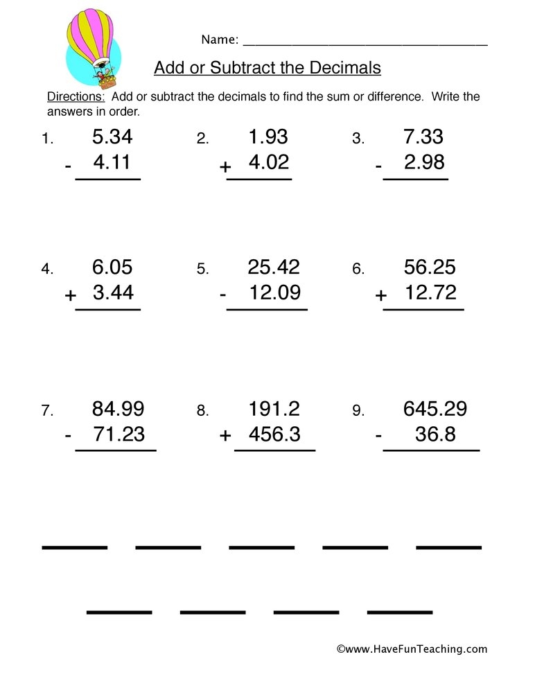 add and subtract decimals worksheet