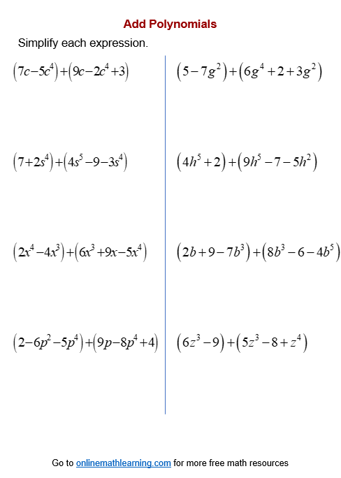Add Subtract Polynomial Worksheets printable Online Answers 