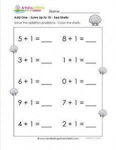 Adding 1 Seashells Kindergarten Adding Worksheets A Wellspring