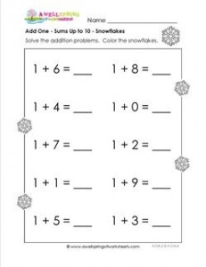 Adding 1 Snowflakes Kindergarten Adding Worksheets A Wellspring